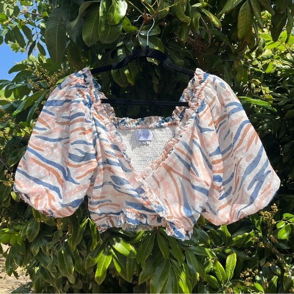 Saylor white pink blue zebra print Swiss dot puff short sleeve cropped blouse
